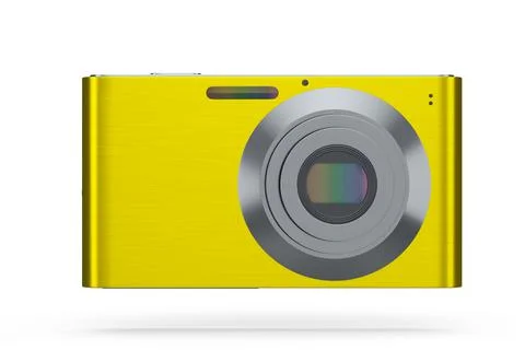Stylish yellow compact pocket digital camera isolated on white background Illustrazione stock