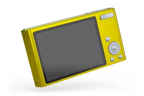 Stylish yellow compact pocket digital camera isolated on white background Illustrazione stock