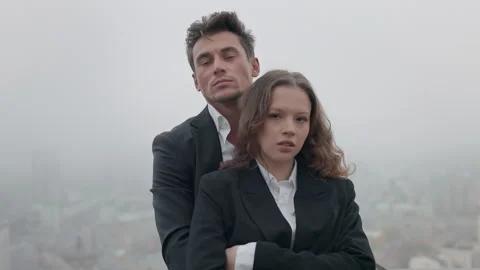 Stylish Young Couple On Background Of City Panorama. Romantic Hugs. Stock Footage 252139247