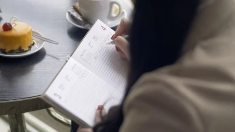 Stylish young girl writes in the diary in the cafe 스톡 동영상 73417062