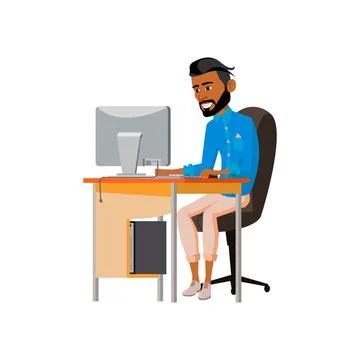Stylish young man content manager working on computer cartoon vector Stock Illustration