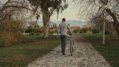 Stylish young man walking alone in the Park with a Bicycle, mountains and houses Stock Footage 121882539