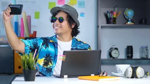 Stylish Young Professional Taking Selfie While Working on Summer Vacation Video stock 91479421