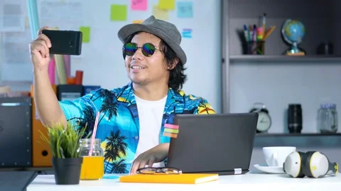 Stylish Young Professional Taking Selfie While Working on Summer Vacation at Video stock 91490189