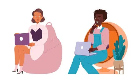 Stylish Young Professionals Engaged in Remote Work While Embracing Cozy and Stock Illustration