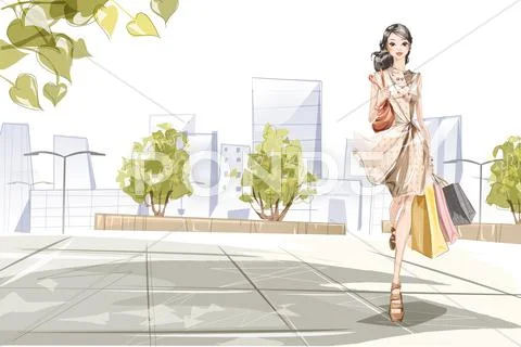 Stylish young woman go shopping Stock Illustration