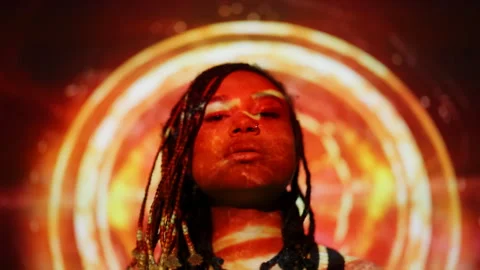 Stylish young woman standing on futuristic background, new human, AI technology Stock Footage 247521010