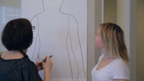 Stylist begins to work on silhouette of client, circled on large sheet of paper Stock Footage 70525538