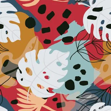 Stylist seamless pattern with exotics tropical leaves and plants with abstract Stock Illustration