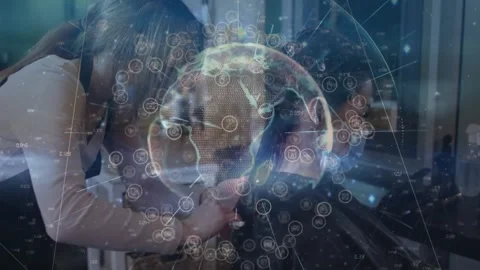 Stylist sectioning and trimming split ends in hair salon, with digital globe Stock Footage 326758692