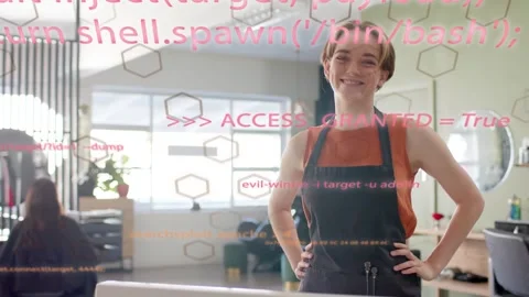 Stylist uncrossing arms after code overlay reading ACCESS GRANTED, revealing Stock Footage 333894230