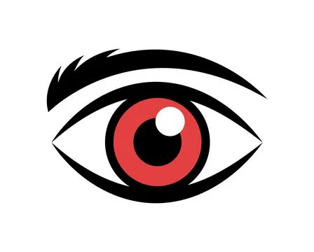 A stylistic eye with a red iris peers out from a stark white background Stock Illustration