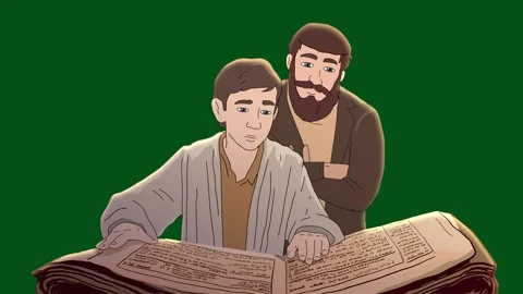 Stylized 2D Animation of a Bearded Man Teaching a Young Boy to Read a Book Stock Footage 308785910