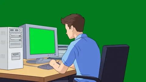 Stylized 2D Animation of Man Working on Desktop Computer with Green Screen Stock Footage 308783970
