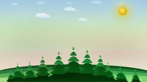 Stylized 2d forest landscape animation with pine trees and sun Stock Footage 341540242