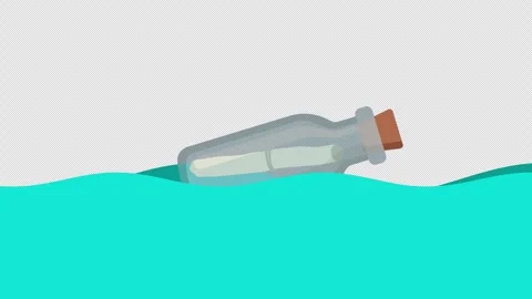 Stylized 2D Message In A Bottle Floating Ocean 4K Loop Alpha Stock Footage 344352667