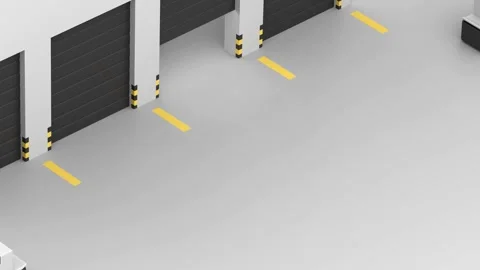 Stylized 3D animation of AGVs carrying boxes through warehouse gates Stock Footage 336440787