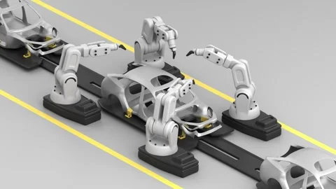 Stylized 3D animation of welding robots on an assembly line Stock Footage 337003914