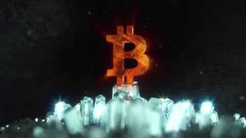 Stylized 3D Bitcoin logo in a cave laid like treasure on crystals - Ultra HD Stock Footage 271083102