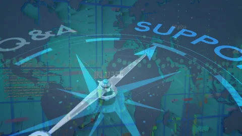 Stylized 3D compass rose rotating over global map grid, featuring code overlays Stock Footage 309095239