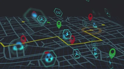 Stylized 3D digital map tracing yellow route following node alert, revealing Stock Footage 332405205
