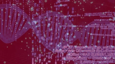 Stylized 3D DNA helix glowing and floating over red grid with streaming code and Stock Footage 329367142