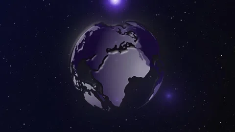 Stylized 3D earth globe rotating in space with stars, purple and grey digita Stock Footage 333212788