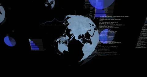 Stylized 3D globe rotating in virtual interface, with code snippet overlays, Stock Photos