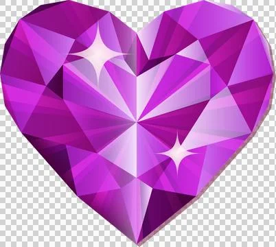 Stylized 3D heart-shaped gem is sparkling with purple facets on transparent Stock Illustration