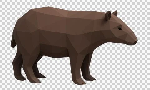 Stylized 3d render of brown tapir, low poly animal art, side view on transp.. Stock Illustration