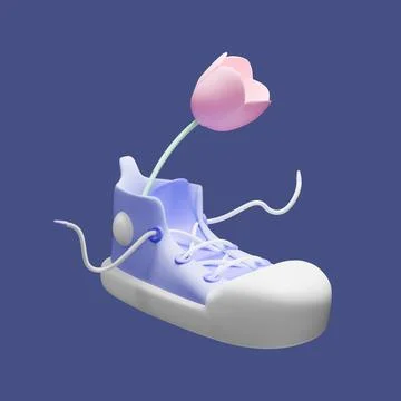 Stylized 3D render sneaker with tulip on a purple background. Vector. Stock Illustration