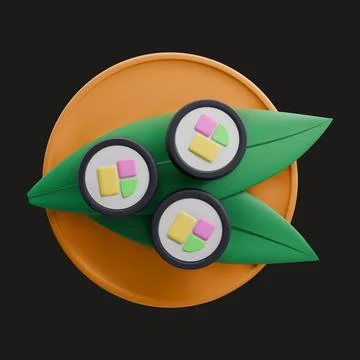 Stylized 3D render Sushi rolls with a leafs on a brown wooden plate. Vector. Illustrazione stock