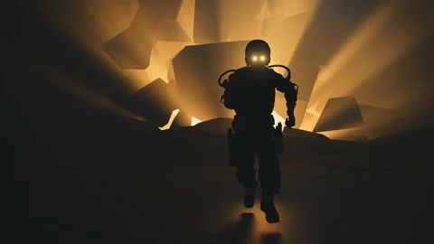 Stylized 3d rendering of a soldier running away from an explosion. Loop. Stock Footage 170290853