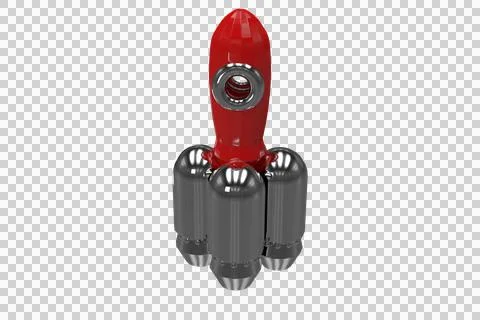 Stylized 3D rocket floating on transparent background featuring red fuselage, Stock Photos