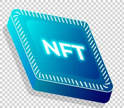 Stylized 3D token is displaying glowing NFT on cyan block with border, Stock Illustration