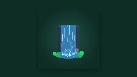 Stylized 3D Waterfall Icon with Cascading Blue Streams and Ethereal Mist Cl.. Видео 346202225