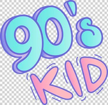 Stylized 90's KID bubble letters are appearing diagonally in flat style with Stock Illustration