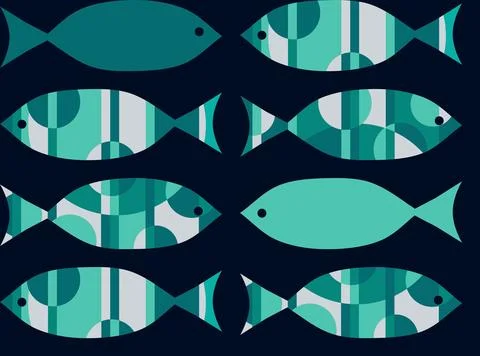 Stylized abstract decorated cute green ocean fish set Stock Illustration