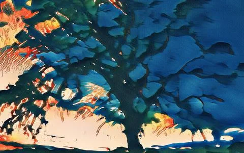 Stylized abstract painting of a tree with dramatic lighting and vibrant color Stock Illustration