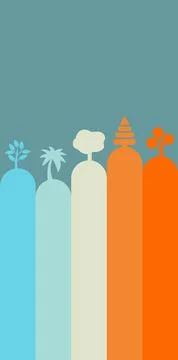 Stylized abstract trees in row with colorful rounded shapes and muted backdrop Stock Illustration