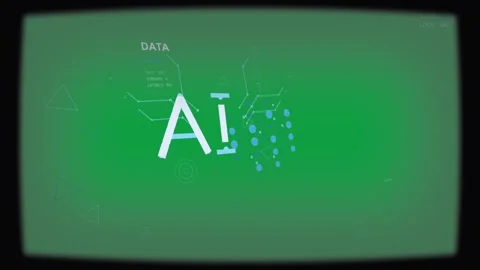Stylized AI visualization unfolding on HUD, revealing AI mark, node matrix, Video stock 333972025
