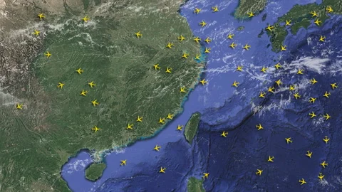 Stylized air traffic radar over China with Taiwan and moving aircraft. Stock Footage 330217796
