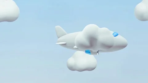 Stylized airplane flies through fluffy clouds Stock Footage 327668982