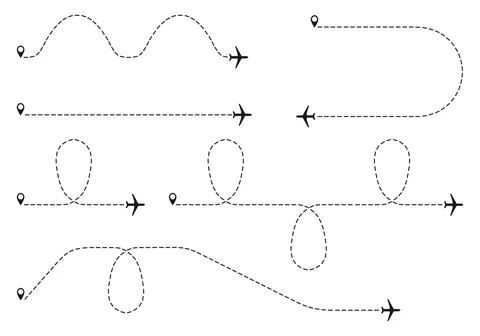 Stylized airplane icons with dashed curved looped and wavy flight paths end. Ilustração Stock