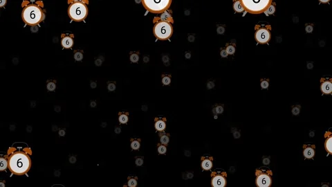 Stylized alarm clocks floating and scaling on a black background Stock Footage 334660977