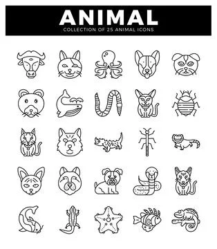 Stylized animal icons in a grid layout. Clean. simple line art on a white b.. Stock Illustration
