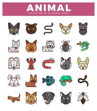Stylized animal icons in a grid layout on white background Stock Illustration