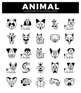 Stylized animal icons in a grid layout on a white background. Stock Illustration