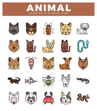 Stylized animal icons in a grid pattern against a white background. 스톡 일러스트