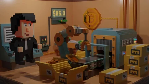 Stylized Animated Bitcoin Factory (Looping) Stock Footage 104560464